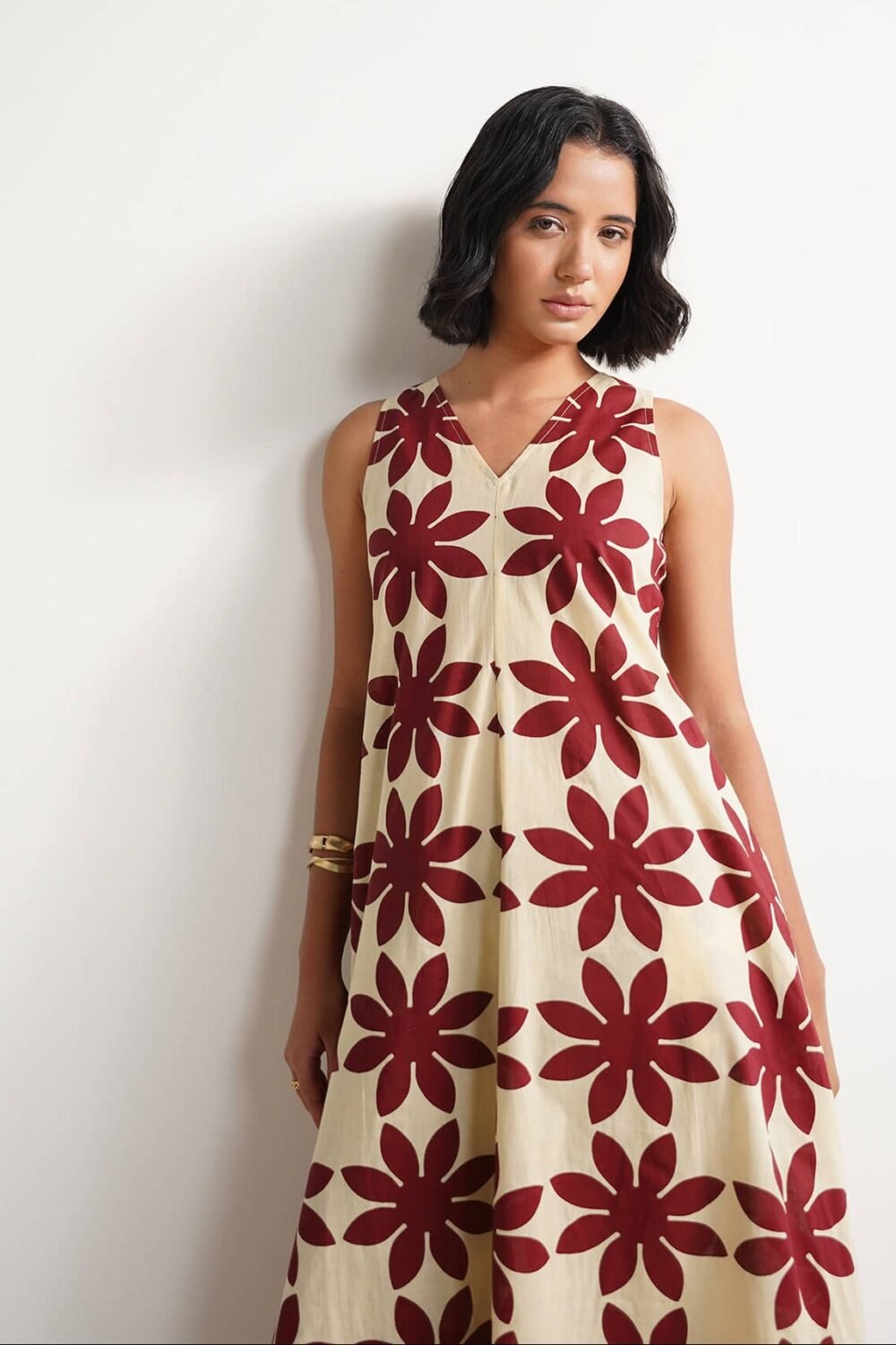 Cotton Dabu Handblock Floral Dress - Cream & Wine