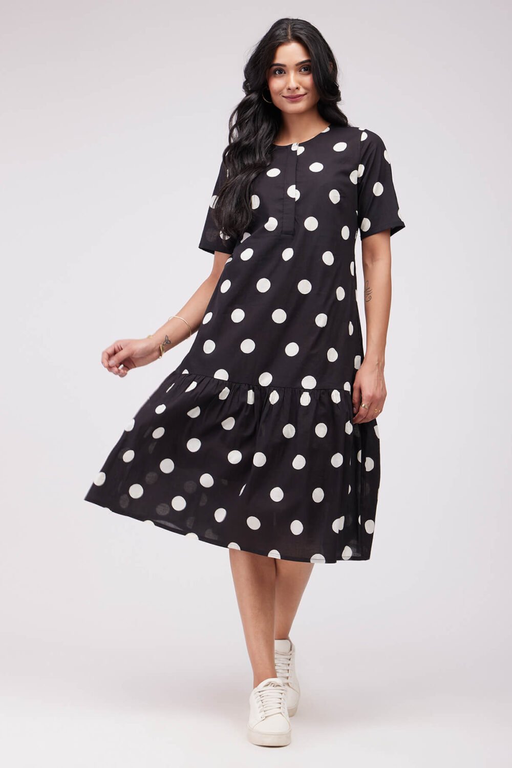 Cotton Polka Gathered Dress - Black