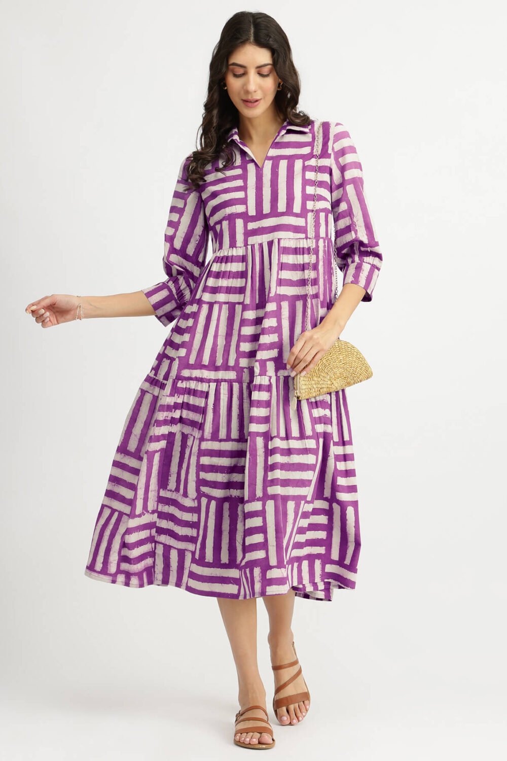 Cotton Dabu Stripe Play Dress - Purple