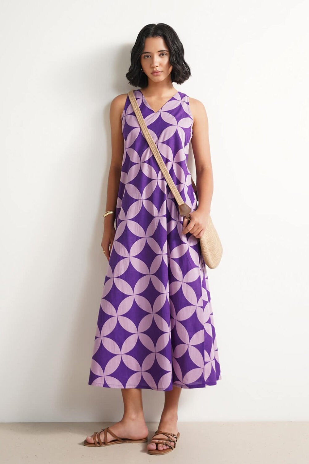 Cotton Geometric A-Line Dress - Lavender