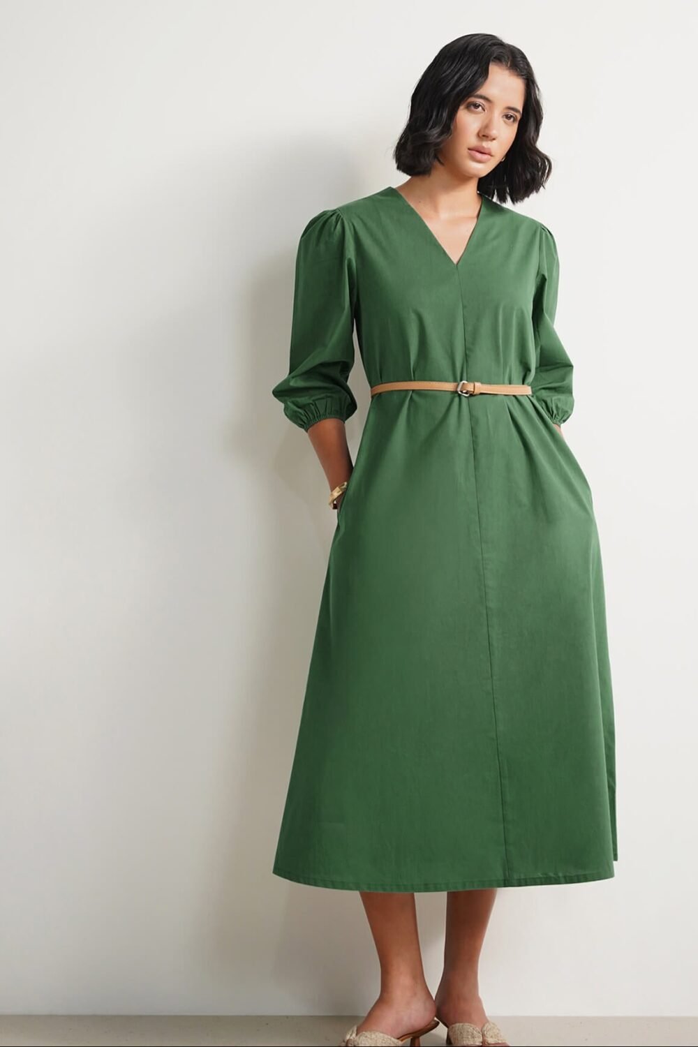 Cotton Solid Relaxed Dress - Green