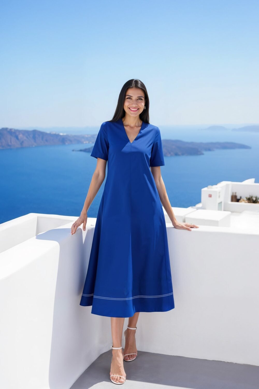 Cotton Solid A-Line Dress - Blue