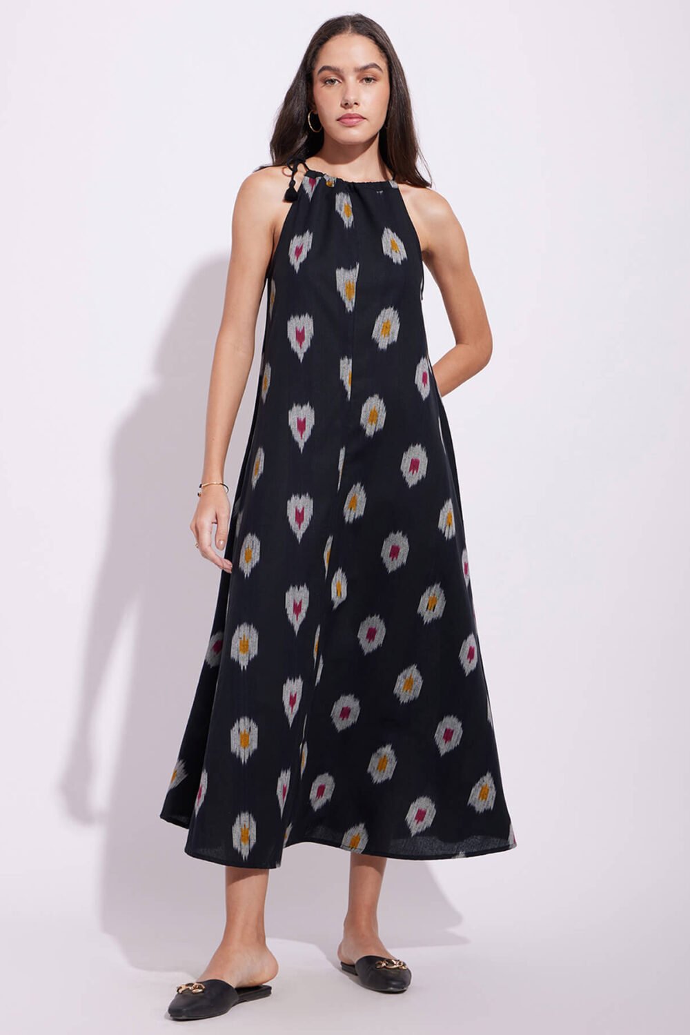 Cotton Ikat A-Line Halterneck Dress - Black