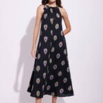 Cotton Ikat A-Line Halterneck Dress - Black