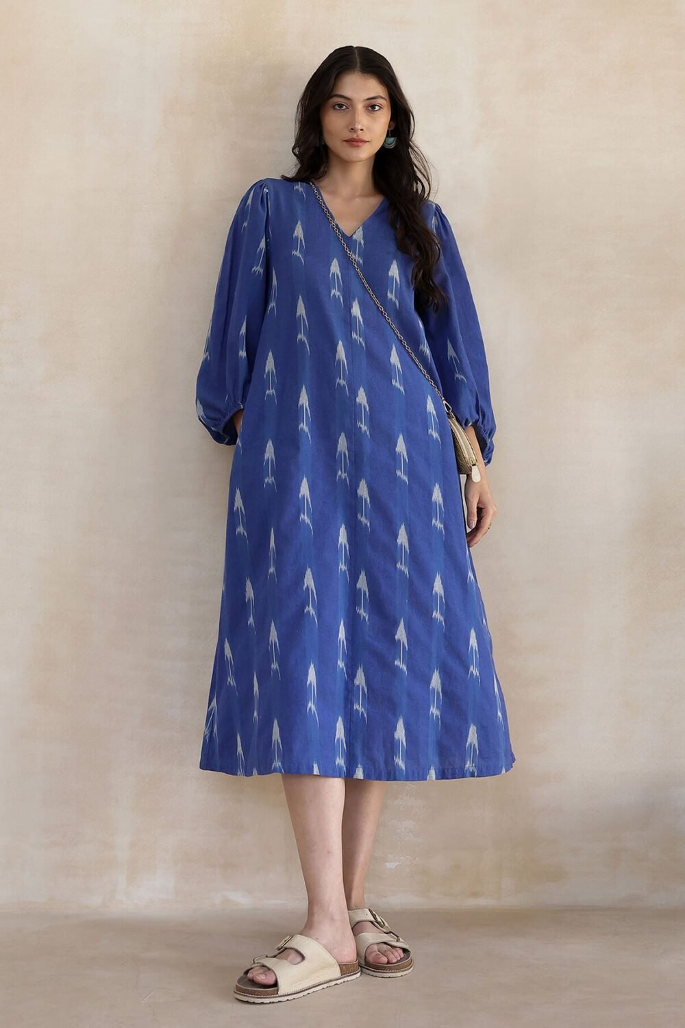 Cotton Ikat A-Line Dress - Blue