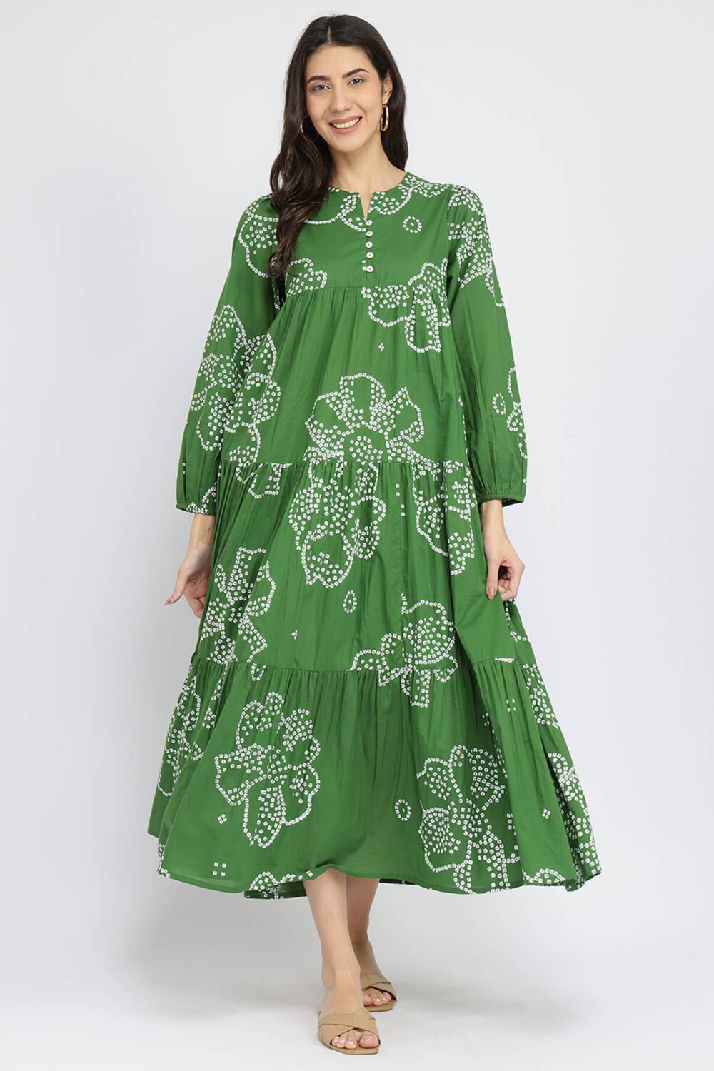 Cotton Bandhani Floral Tiered Dress - Green