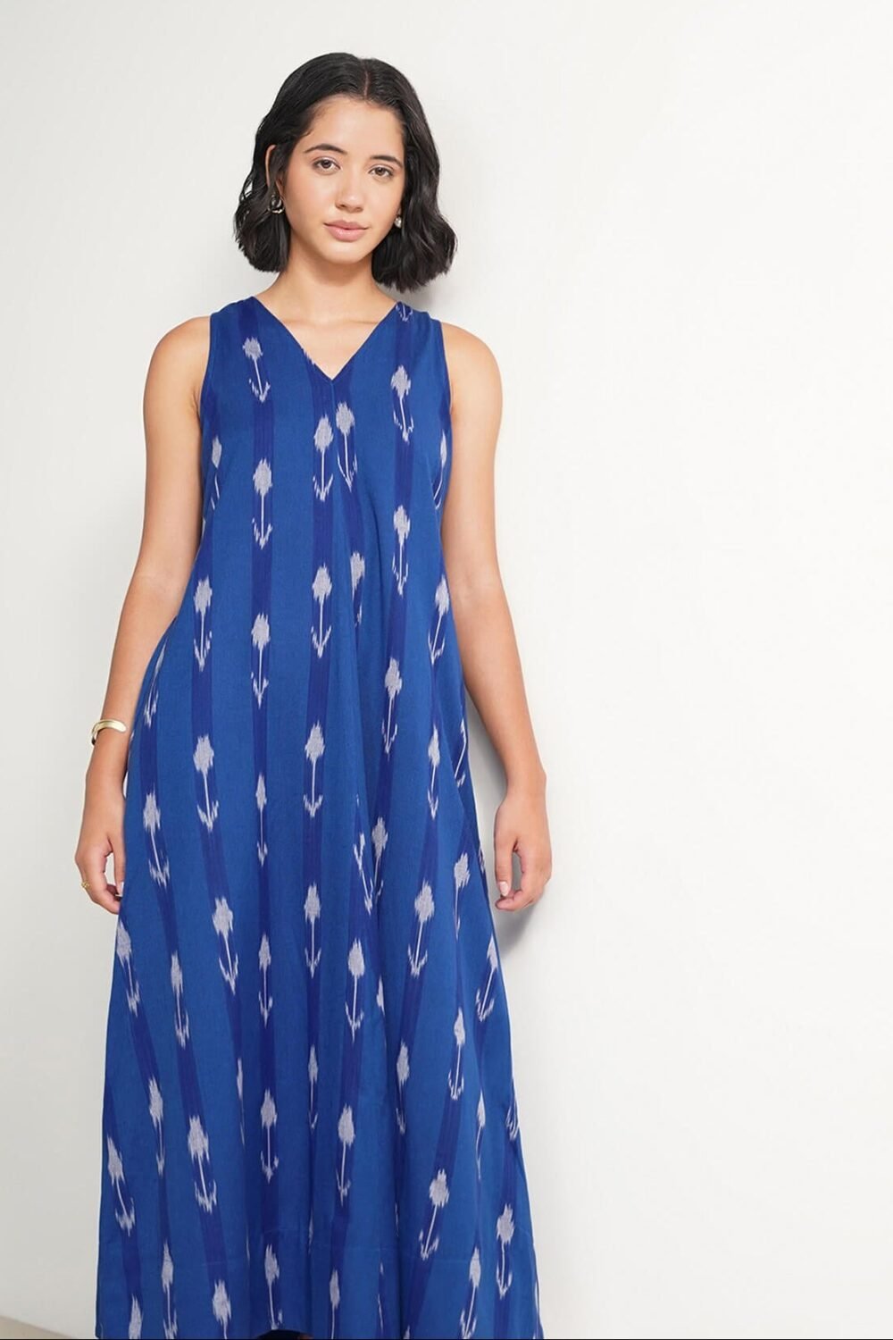 Cotton Ikat Sleeveless A-Line Dress - Blue