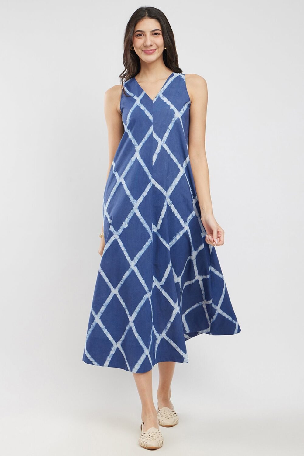 Cotton Dabu Geometric A-Line Dress - Blue