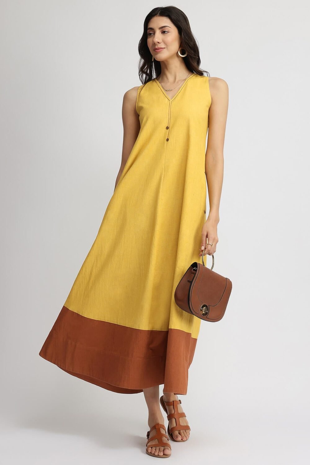 Linen Blend Colourblock A-Line Dress - Yellow & Rust