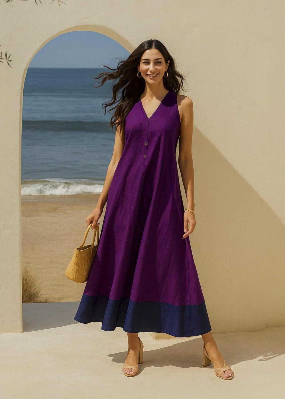 Cotton Colourblock A-Line Dress - Purple & Navy Blue