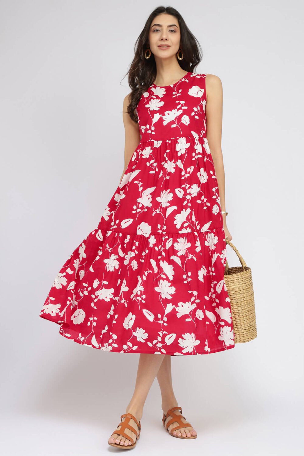 Cotton Floral Sleeveless Tiered Dress - Red & White