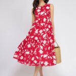Cotton Floral Sleeveless Tiered Dress - Red & White
