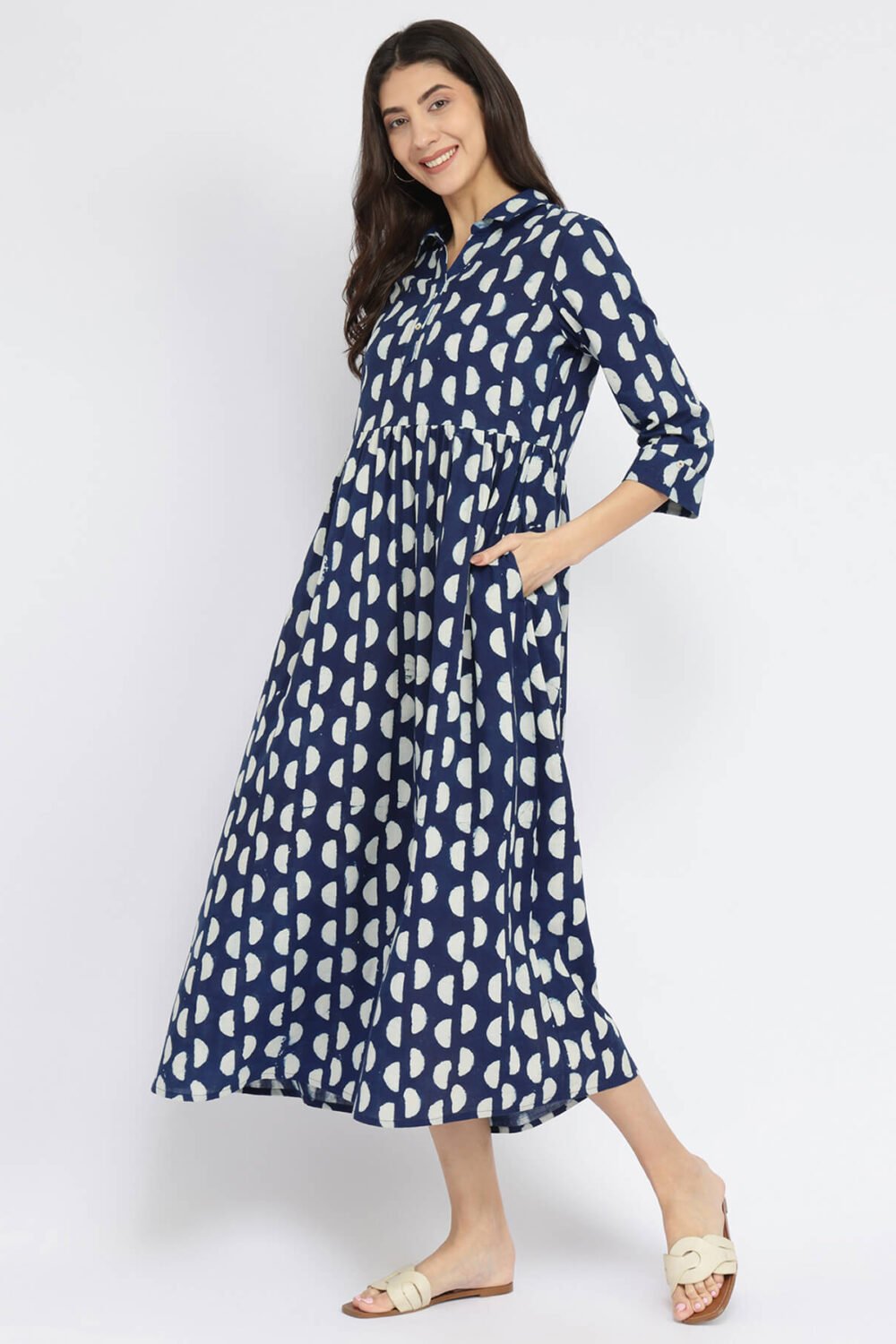 Cotton Dabu Half Polka Print Dress - Indigo