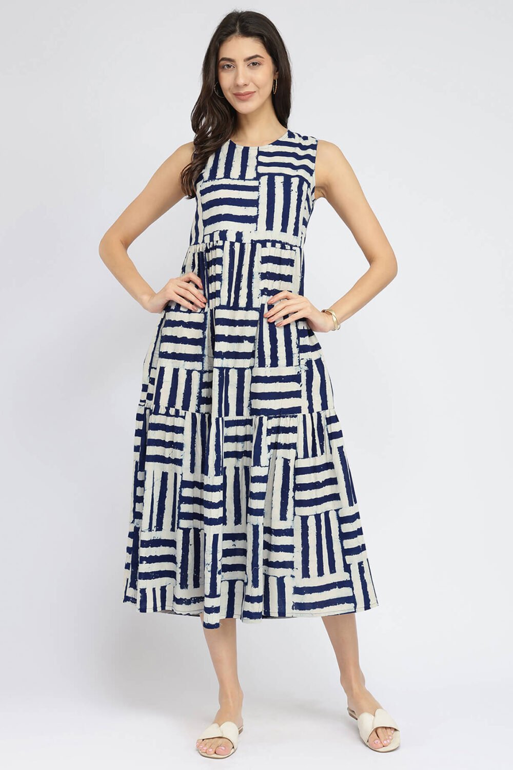 Cotton Dabu Stripe Play Dress - Indigo