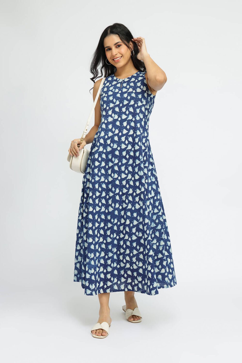 Cotton Dabu Floral Fit & Flare Dress - Indigo