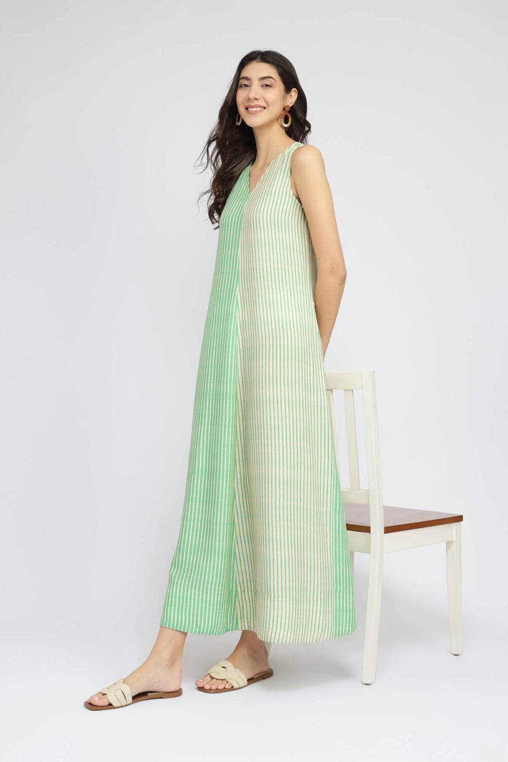 Rayon Colourblock & Striped Dress - Green