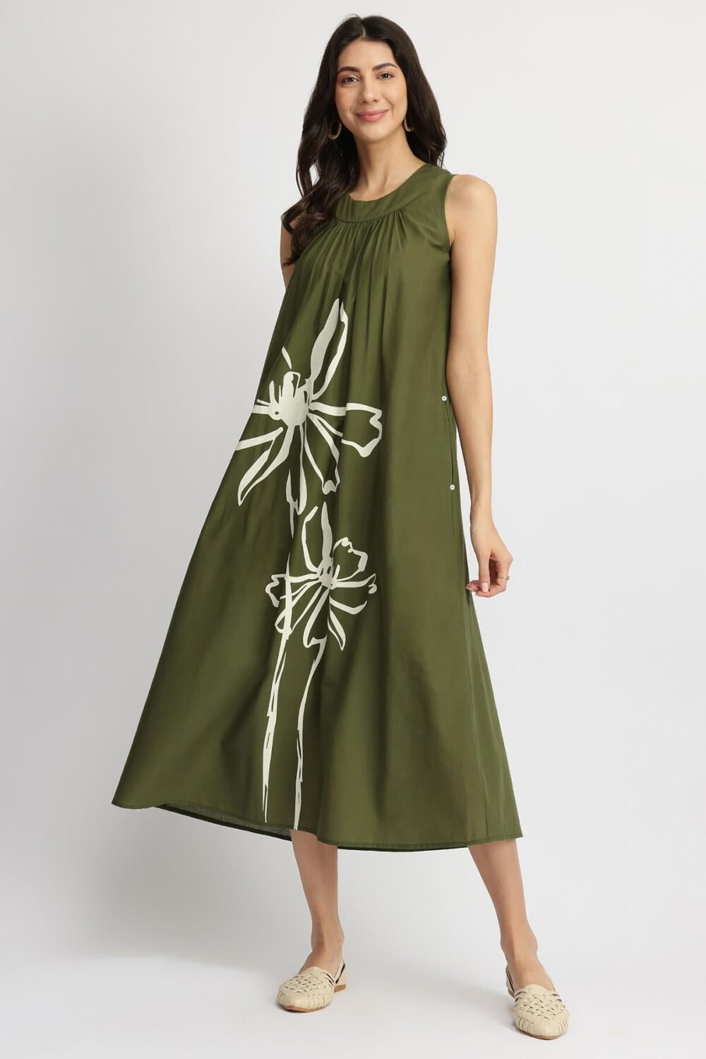 Cotton Floral Placement Print Dress - Olive
