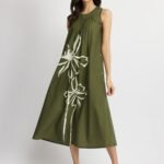 Cotton Floral Placement Print Dress - Olive