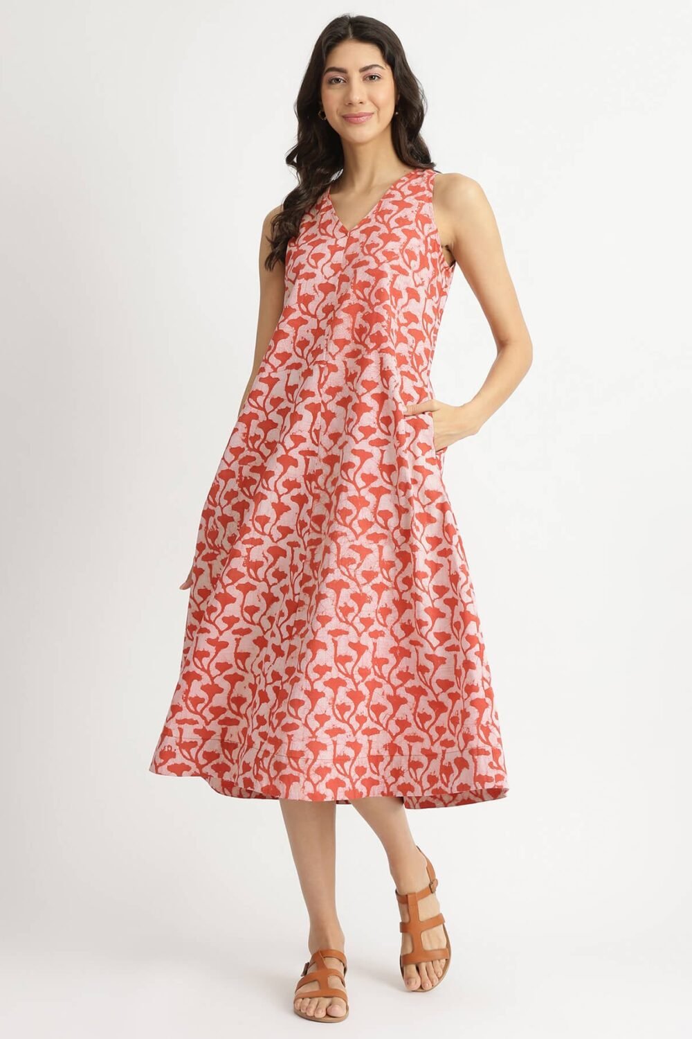 Cotton Dabu Floral A-Line Dress - Orange & White