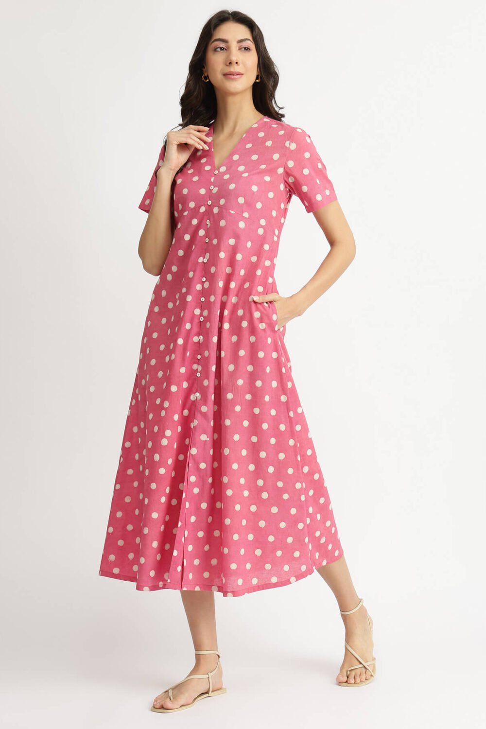 Cotton Dabu Polka Fit & Flare Dress - Pink