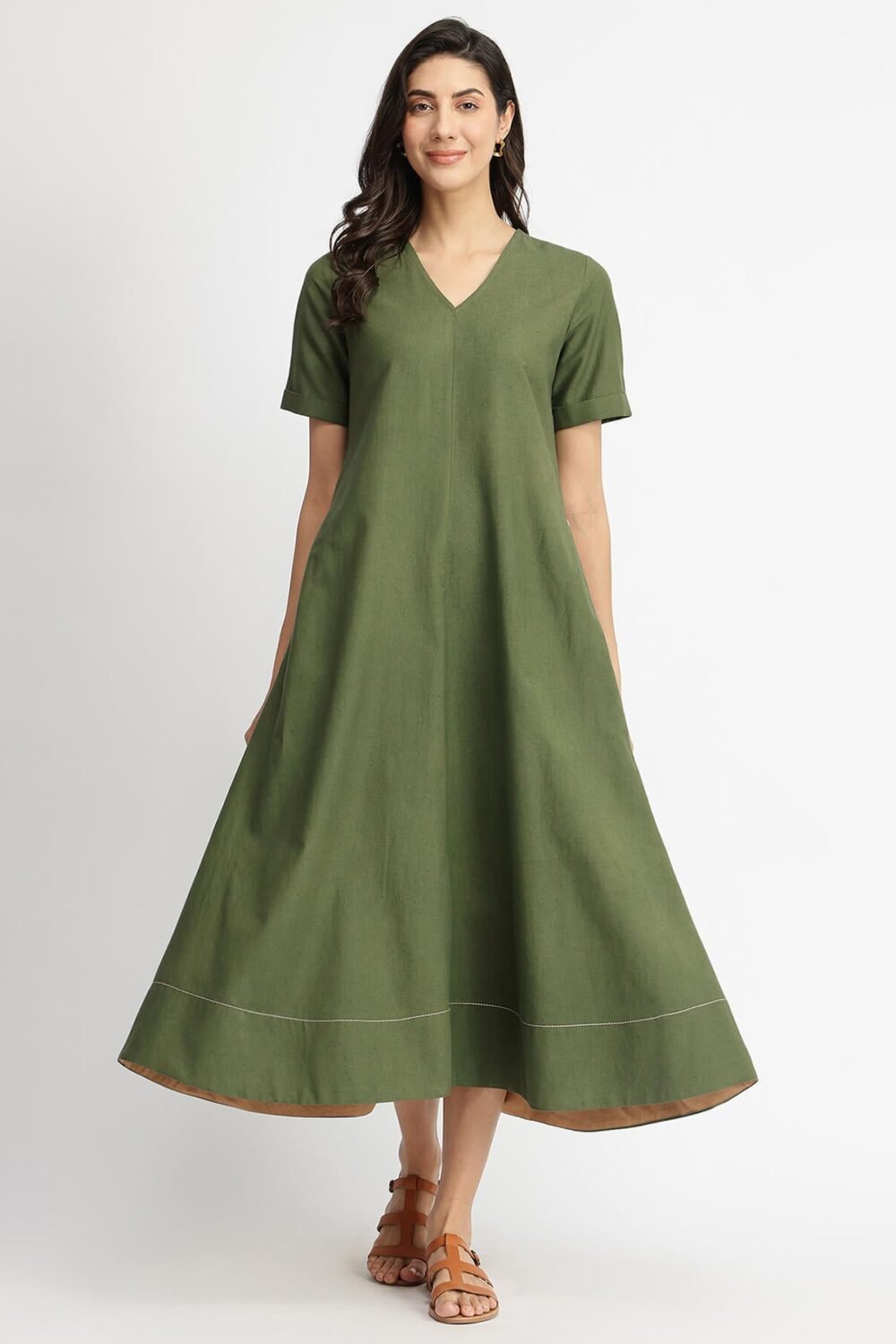 Linen Blend Solid A-Line Dress - Olive