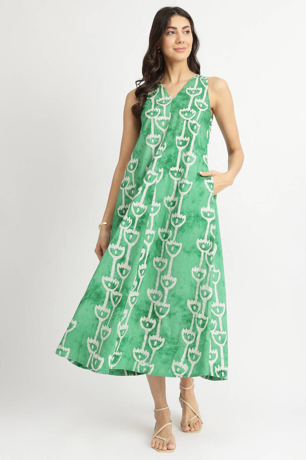 Cotton Handblock Abstract Print Dress - Green