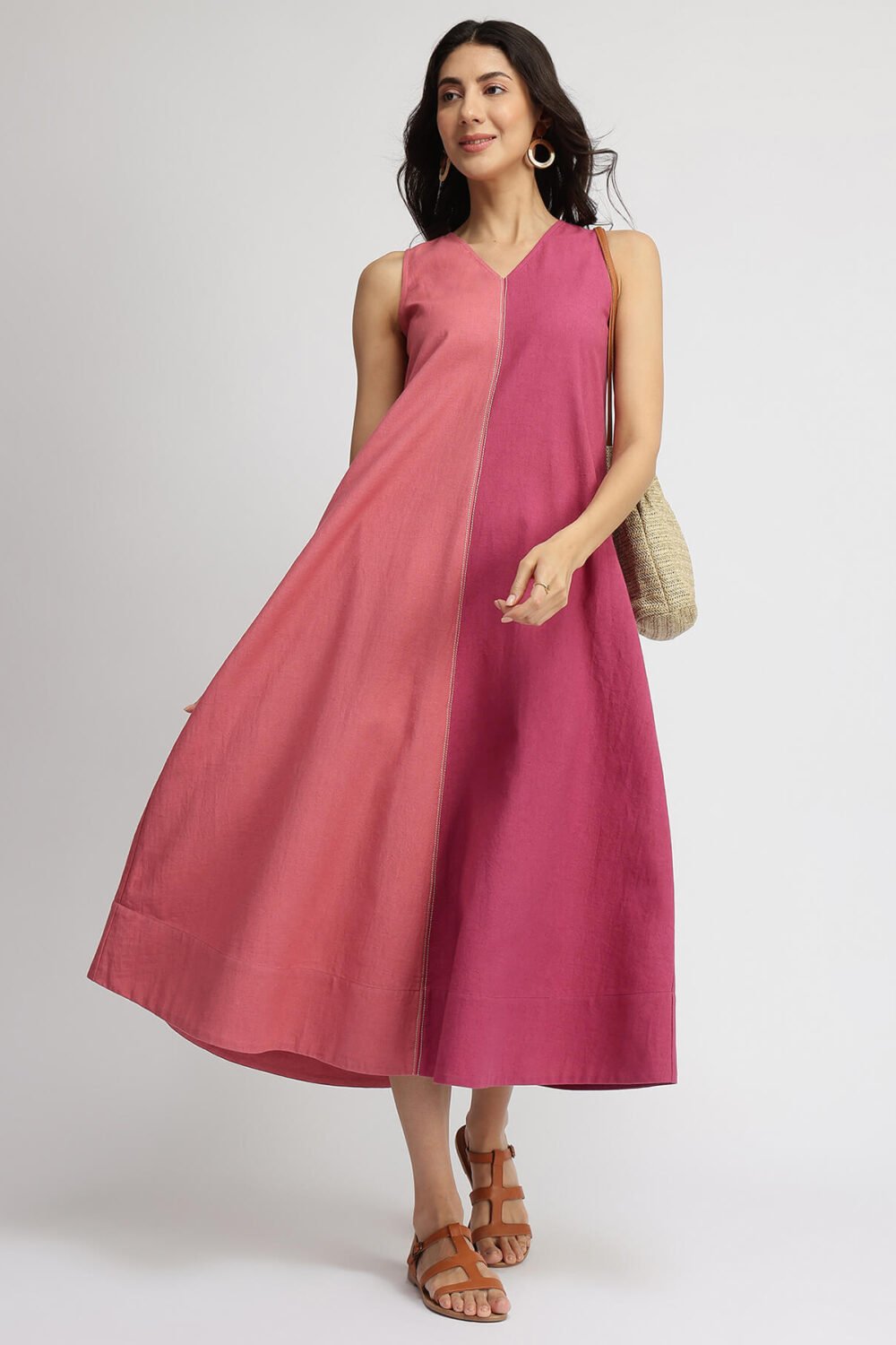 Linen Blend Colourblock A-Line Dress - Pink