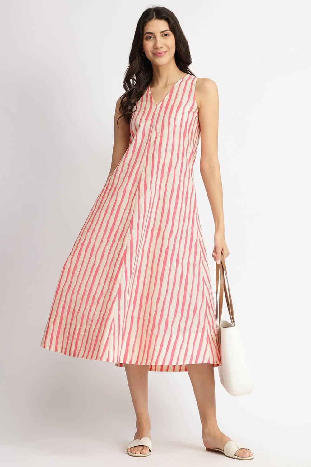 Cotton Striped A-Line Dress - Off-White & Pink