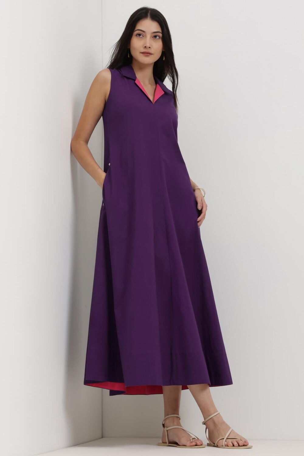 Cotton Solid A-Line Dress - Purple