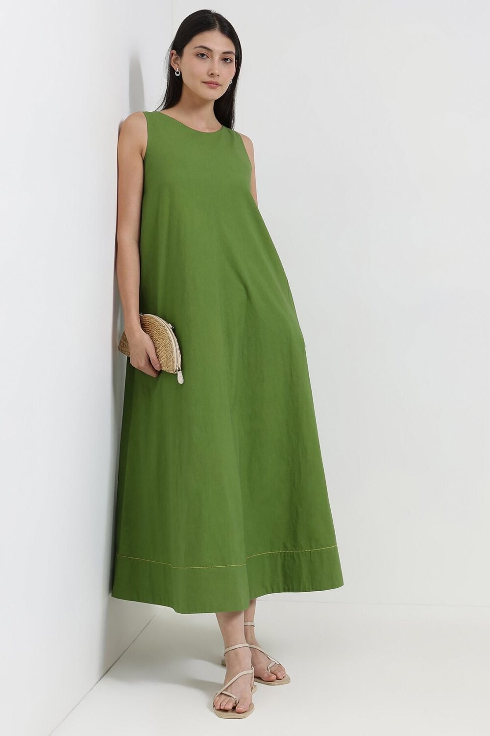 Cotton Solid A-Line Dress - Green