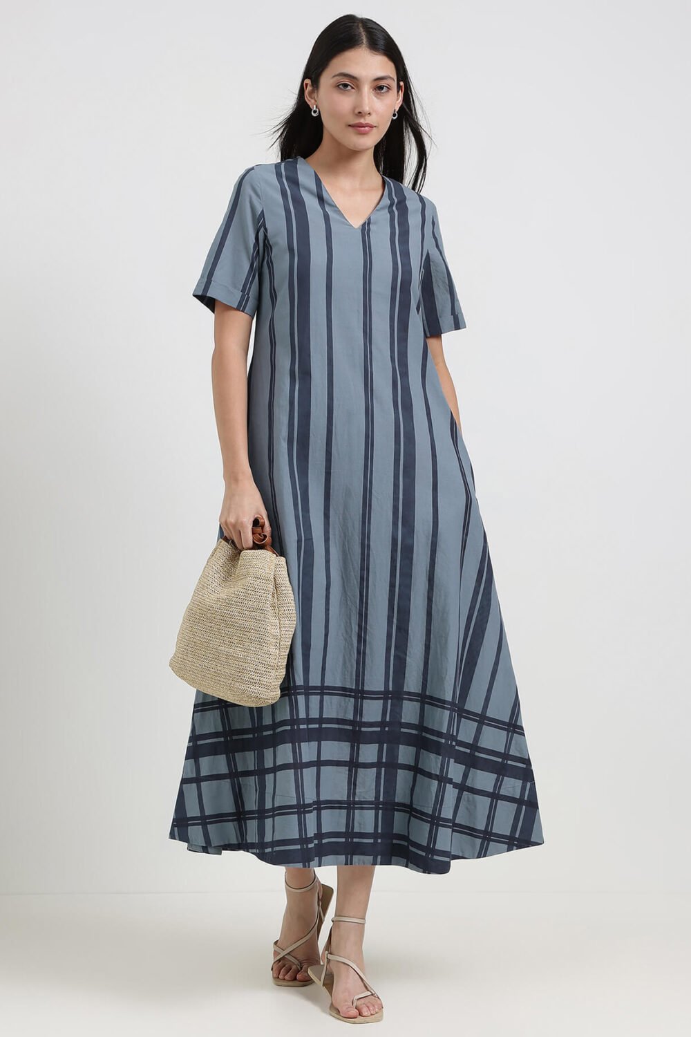 Cotton Stripe Play A-Line Dress - Blue