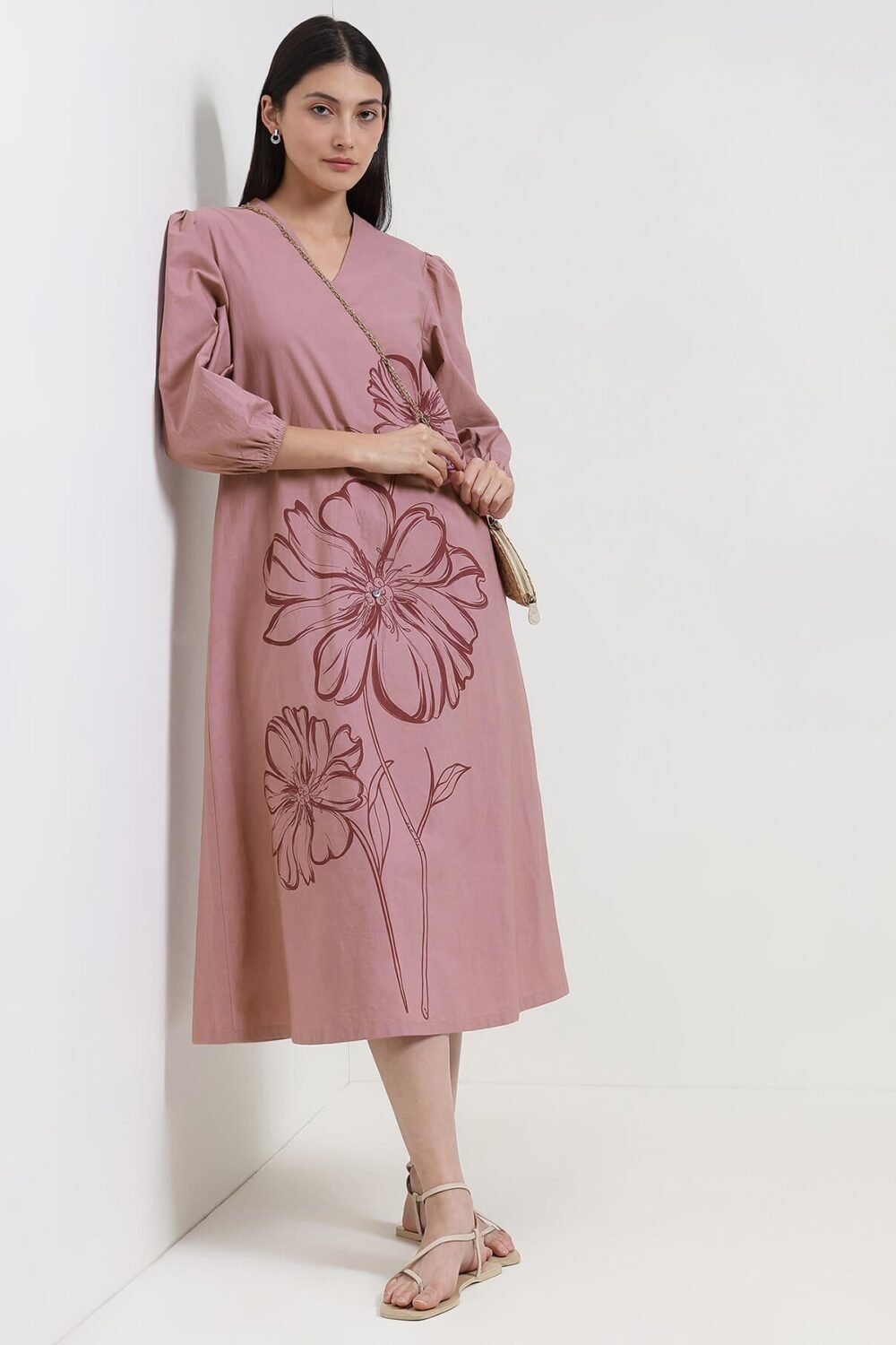 Cotton Floral Placement Print Dress - Pink
