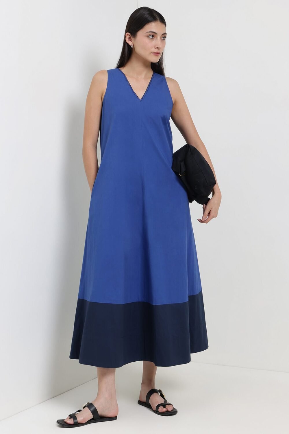 Cotton Colourblock A-Line Dress - Blue