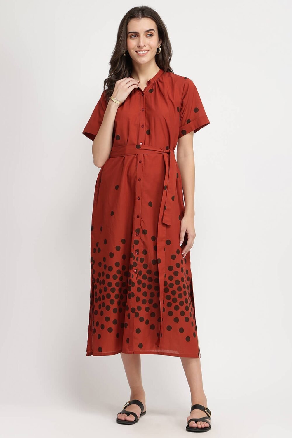 Cotton Polka Dress with Belt - Red & Brown