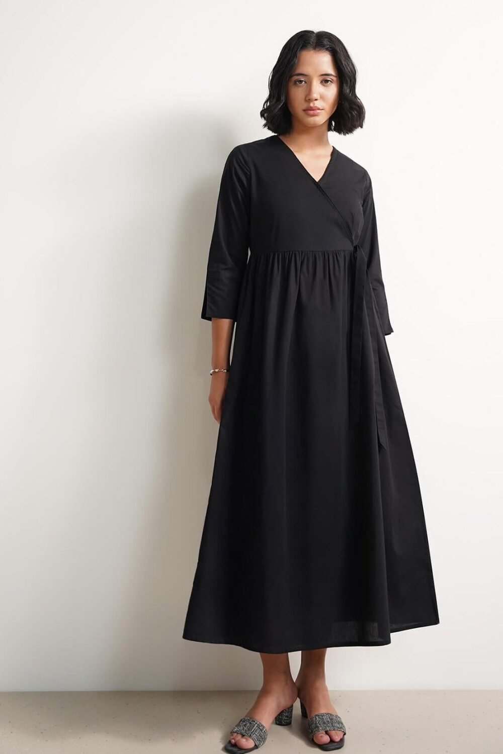 Cotton Solid Wrap Dress - Black