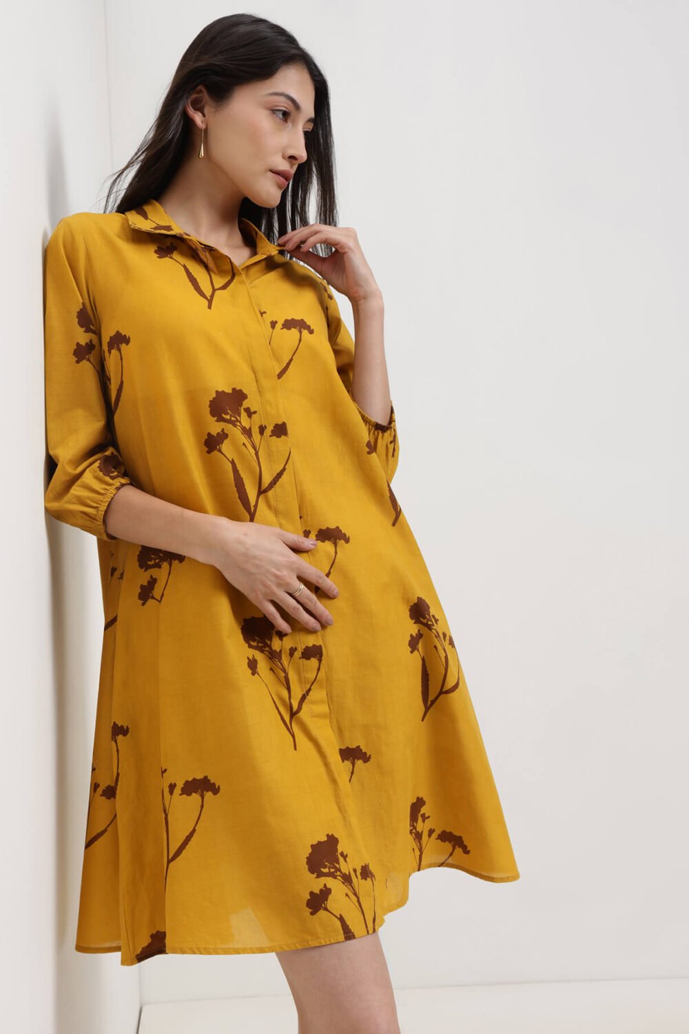Cotton Floral A-Line Shirt Dress - Yellow & Brown