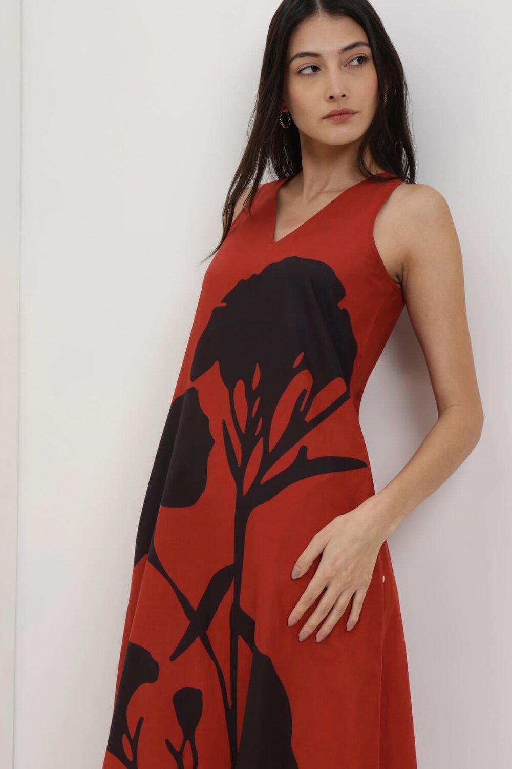 Cotton Floral A-Line Dress - Red and Black