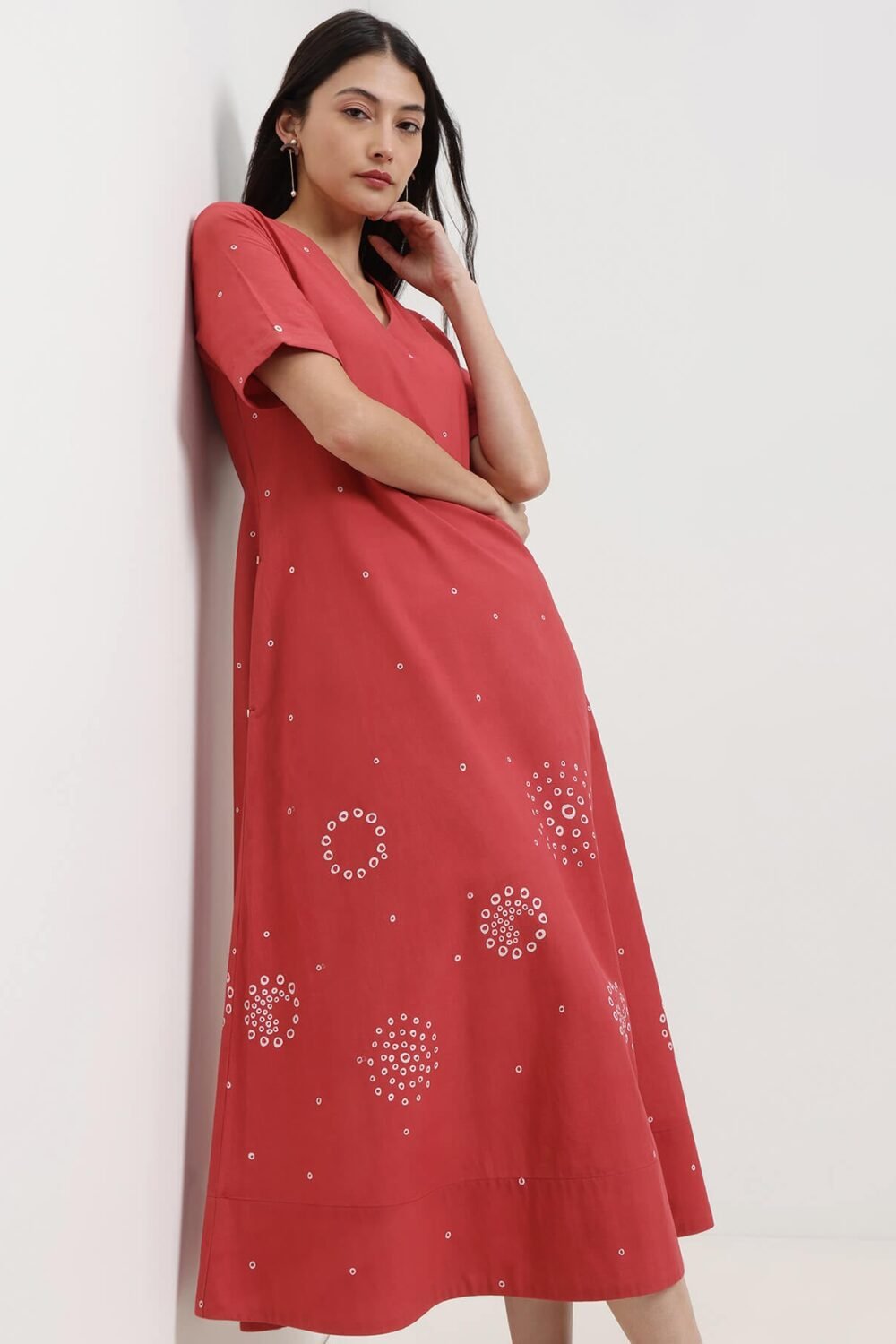 Cotton Bandhani A-Line Dress - Red