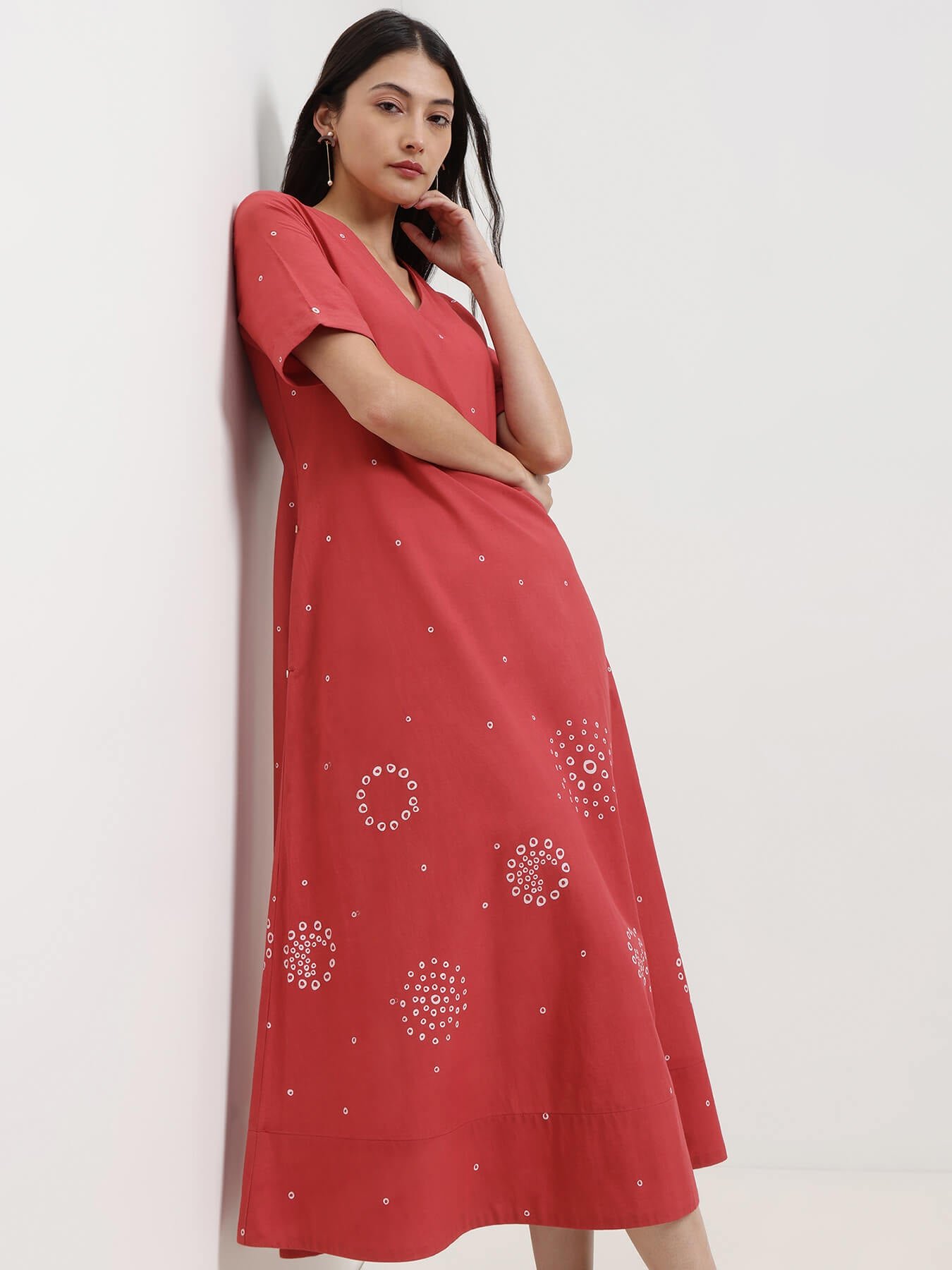 Cotton Bandhani A-Line Dress - Red