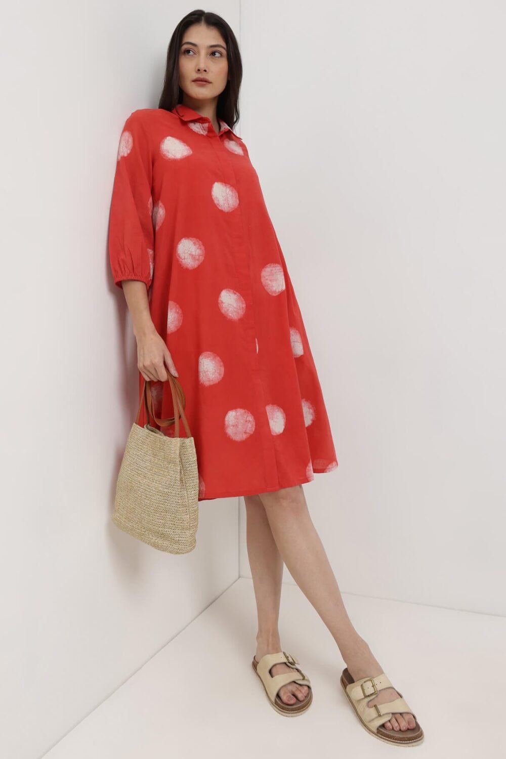 Cotton Dabu Polka A-Line Dress - Red