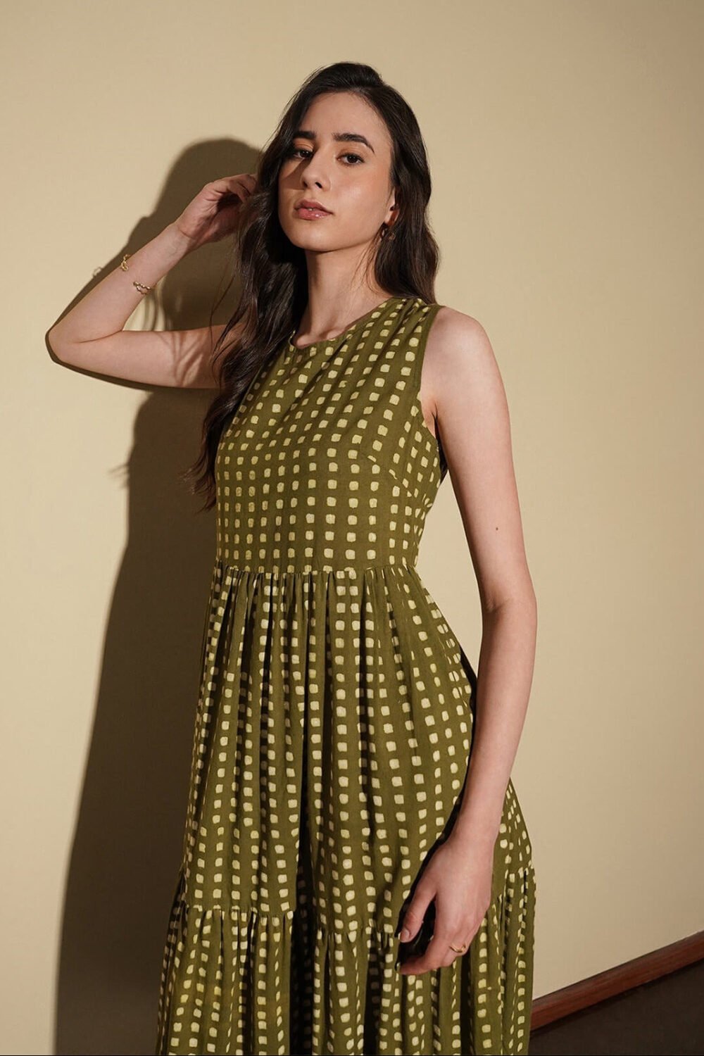 Cotton Dabu Geometric Tiered Dress - Olive