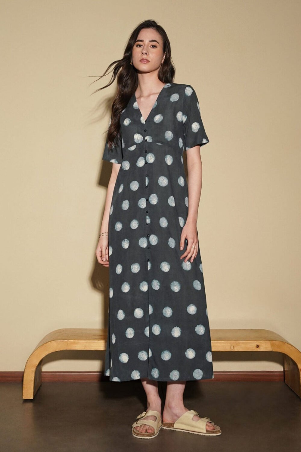 Cotton Dabu Polka A-Line Dress - Black