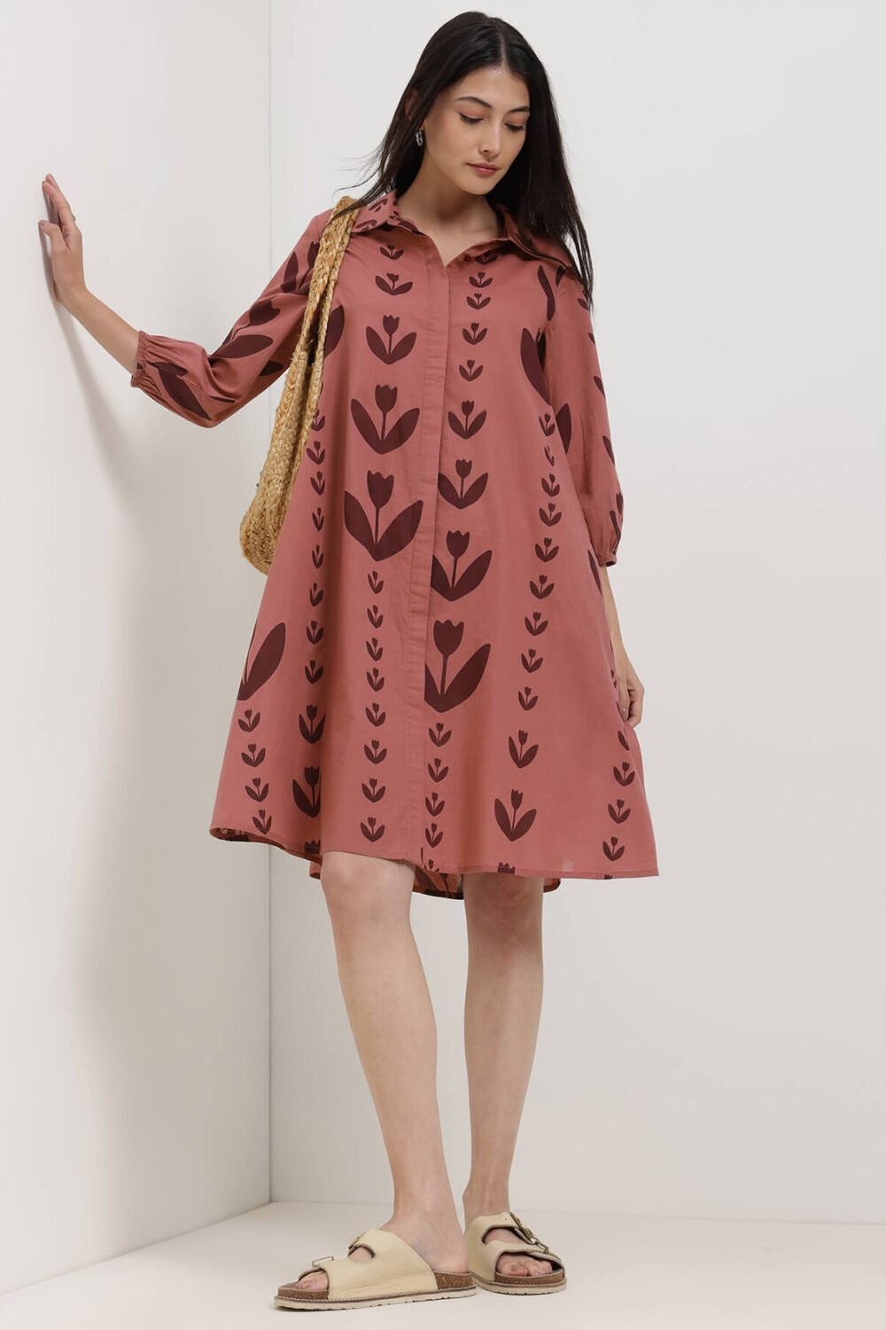 Cotton Floral A-Line Shirt Dress - Burgundy