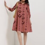 Cotton Floral A-Line Shirt Dress - Burgundy