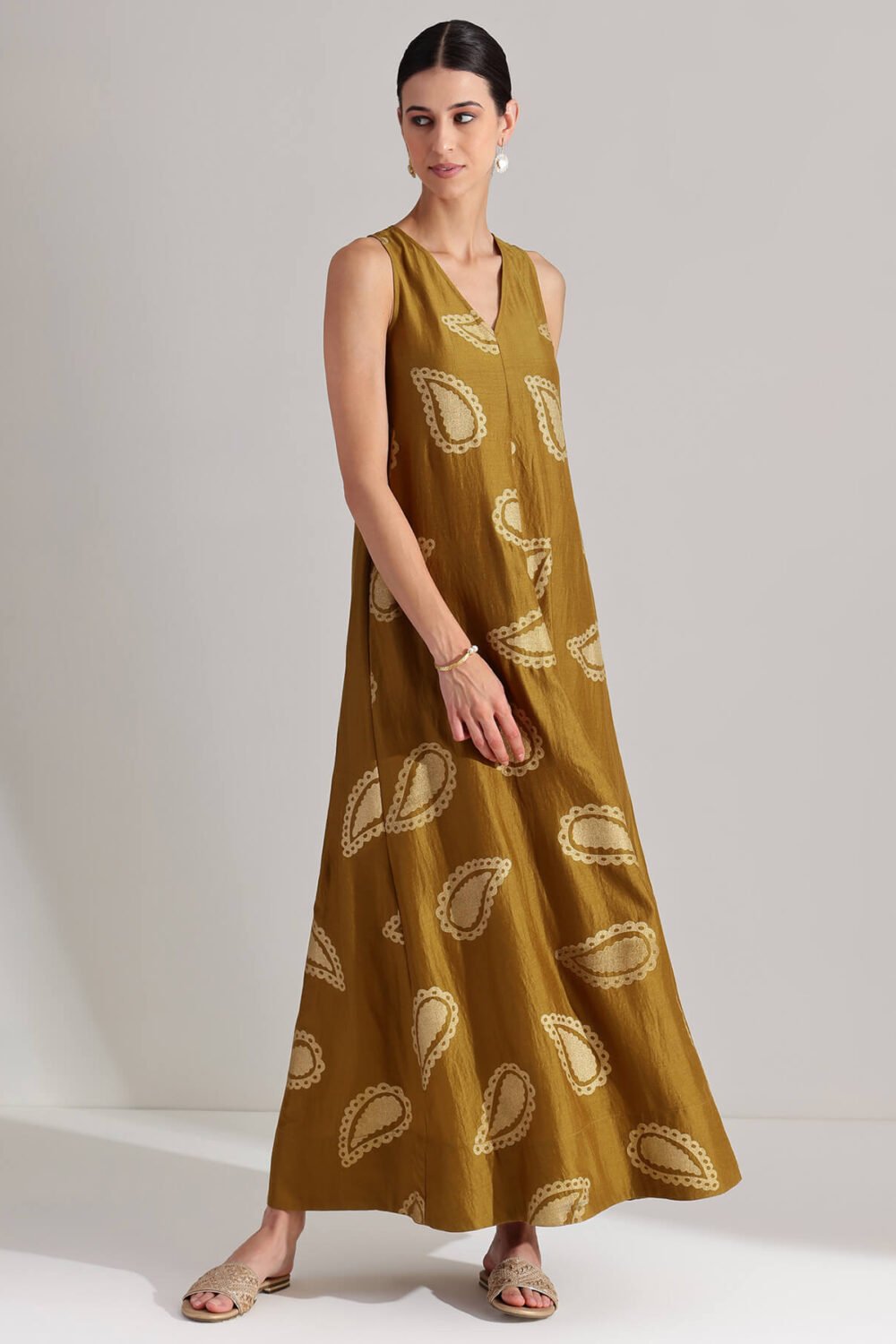 Silk Blend Paisley Print Maxi Dress - Mustard