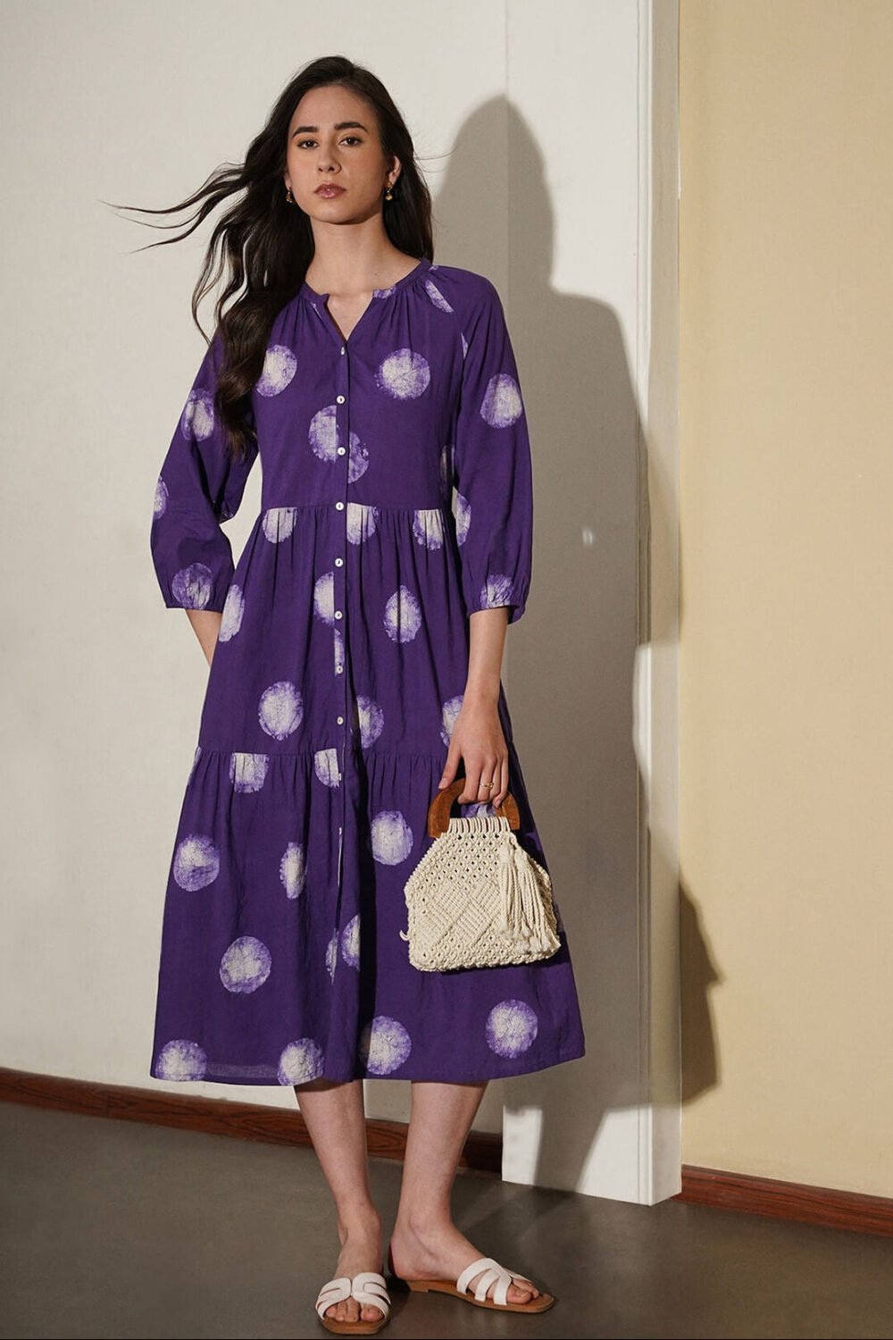Cotton Dabu Polka Dress - Purple