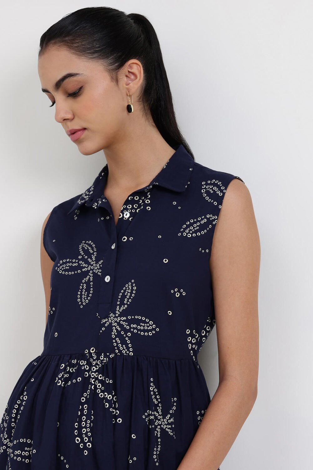 Cotton Bandhani Floral Shirt Dress - Navy Blue