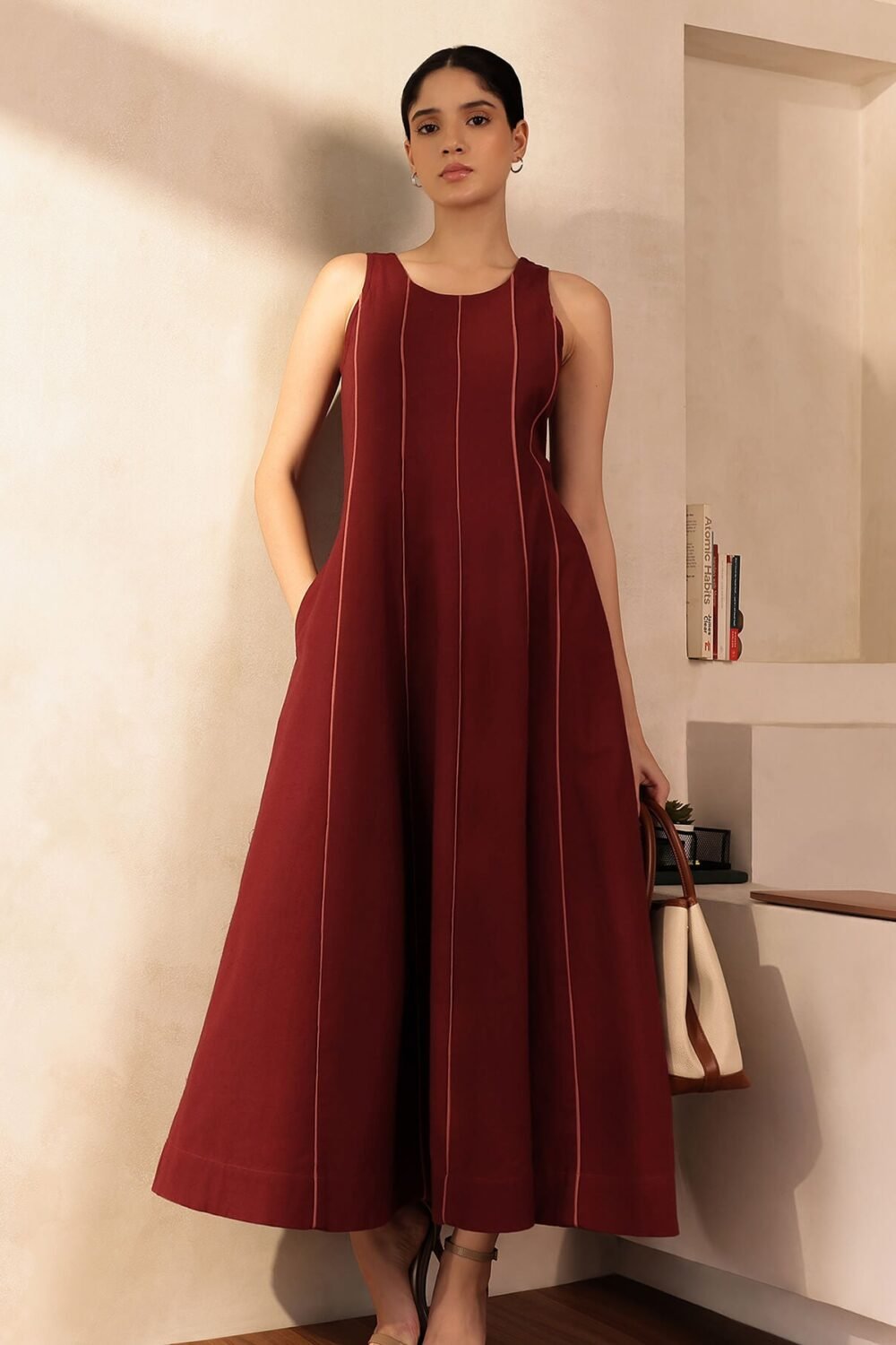 Linen Blend Colourblock A-Line Dress - Maroon