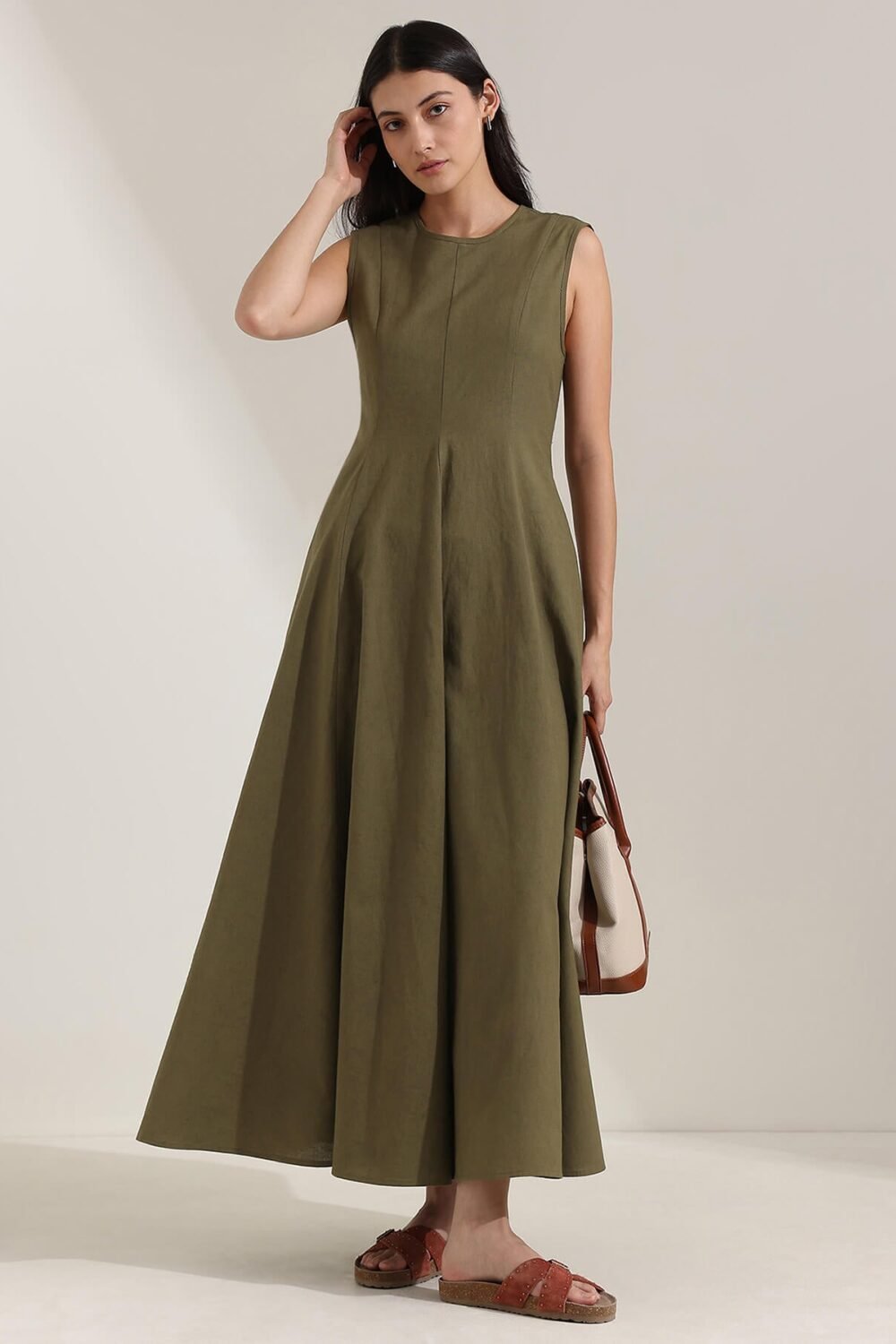 Linen Blend Solid Fit and Flare Dress - Olive