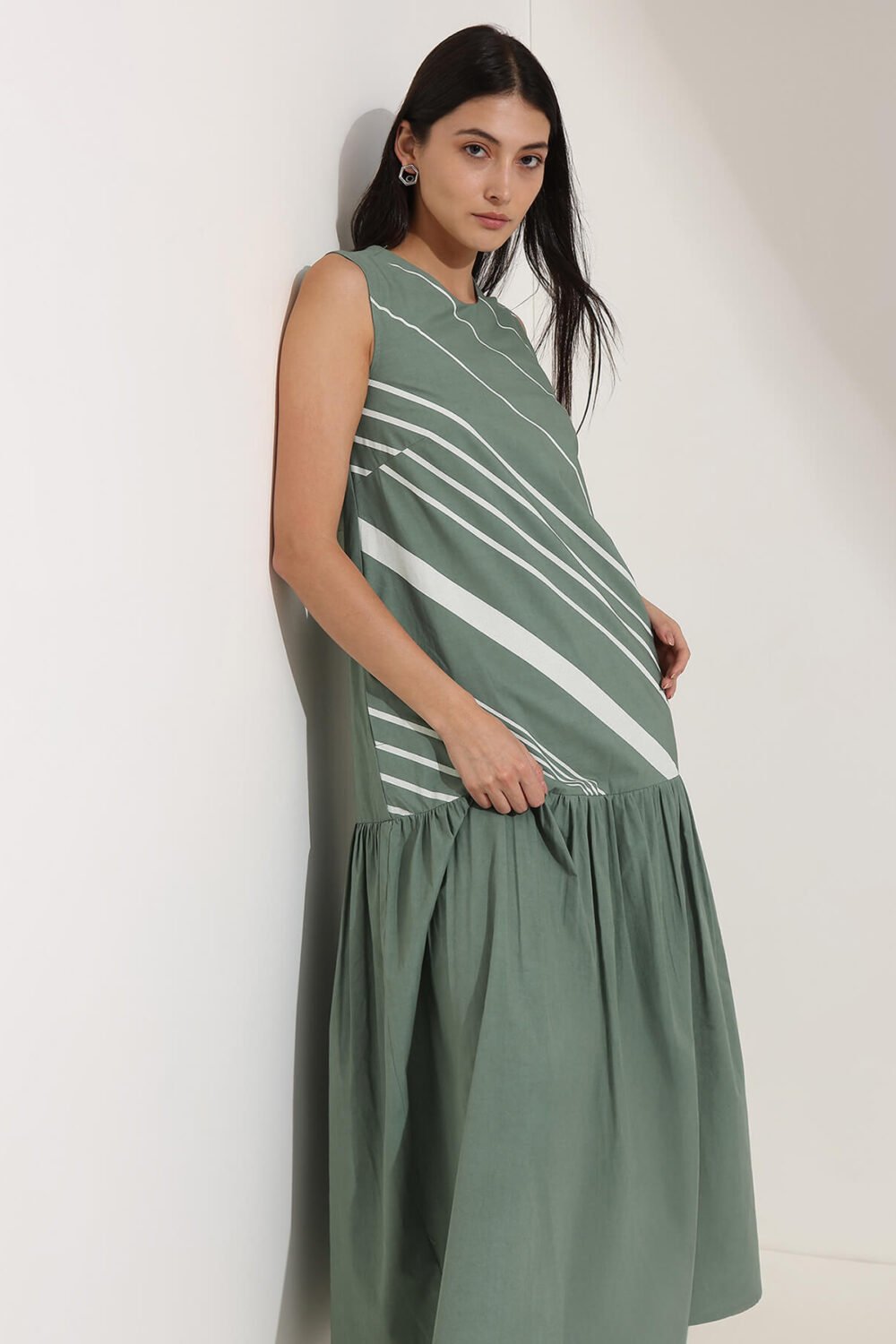 Cotton Striped A-Line Dress - Green